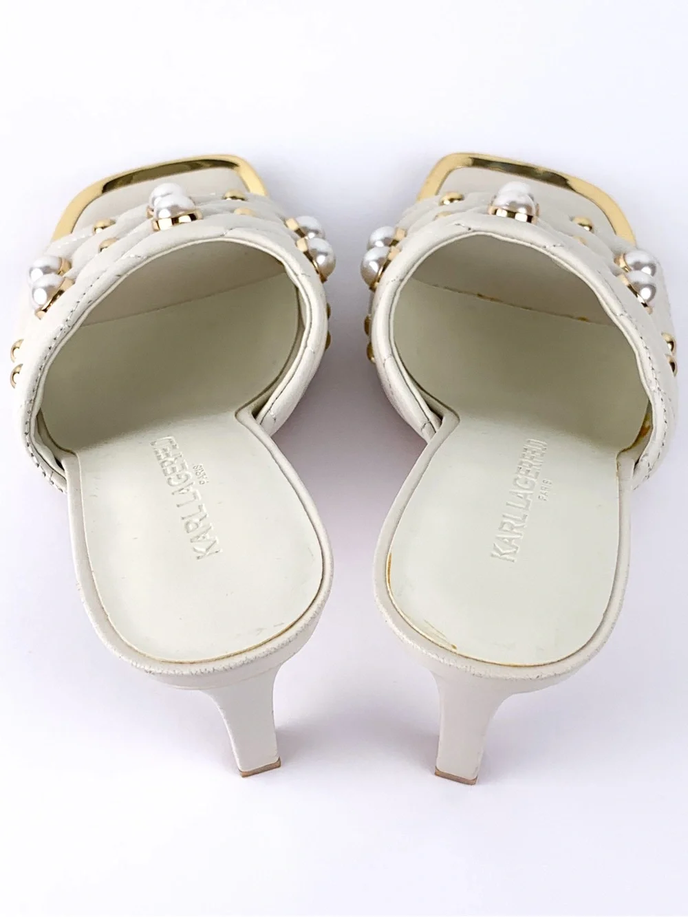 Karl Lagerfeld Paris Amina pearl studded heeled mules in ivory & gold size 6